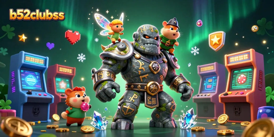 Experience the magical world of b52clubss with a golem, fairy, and hamster knight in a vibrant casino scene.
