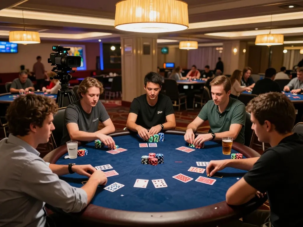 Engaged players at a poker table during a live game at 999bet casino.
