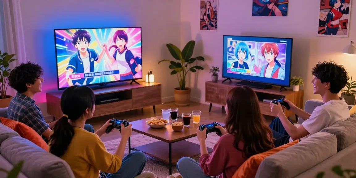 Friends enjoying free ecchi games in a cozy living room, bright TV screen, laughter, and snacks.