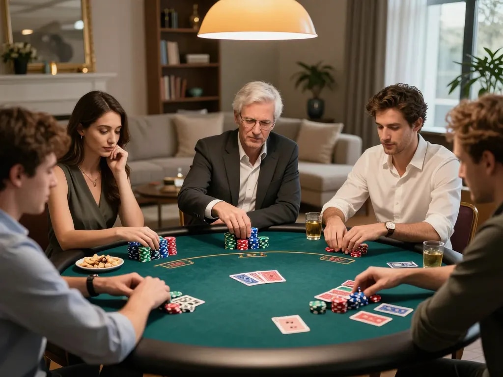 Players at home enjoying Texas Hold'em game on 577F platform, vibrant chips and cards in action