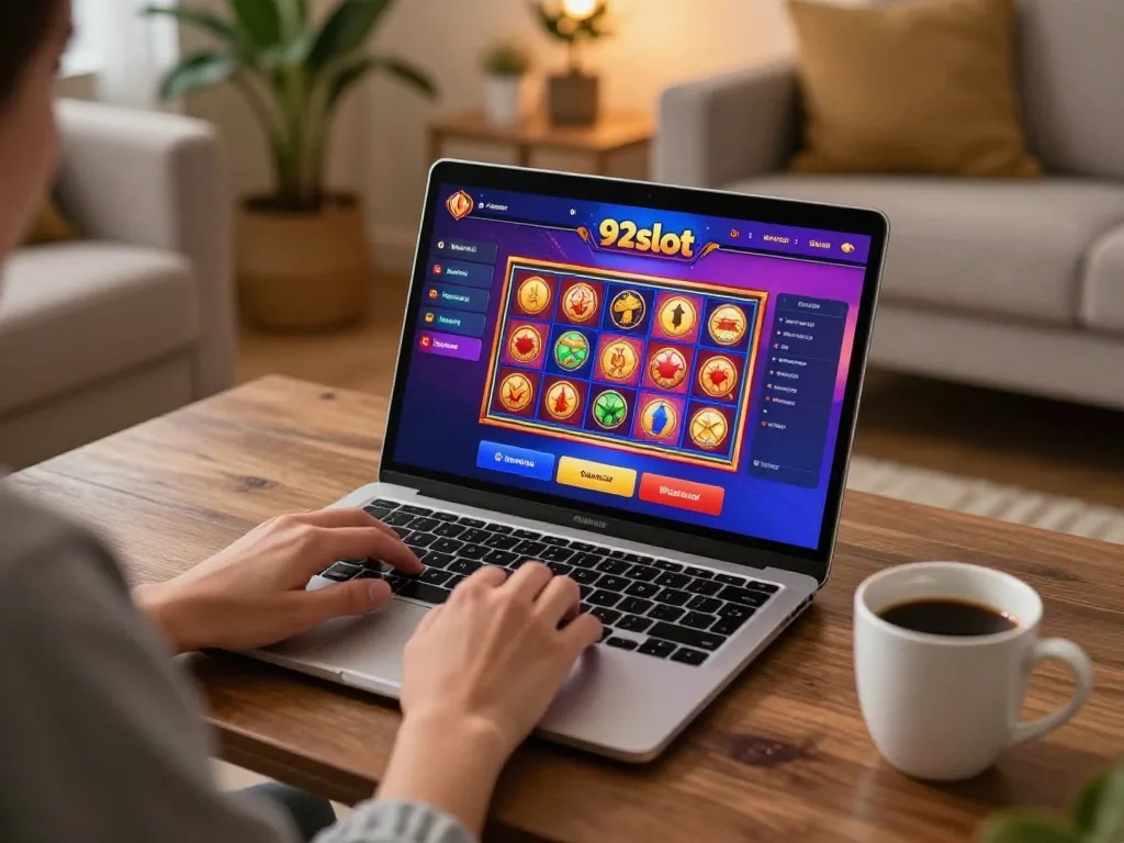 Engaging with 92slot online gaming at home, person playing with laptop and colors reflecting joy