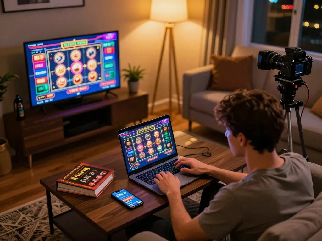 Engaging with the river4 casino app on a laptop for responsible online gaming.