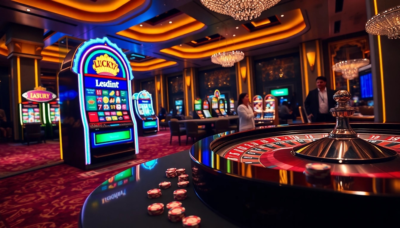 Gamblers celebrating their wins with LuckyWin slot machines in an upscale casino setting.