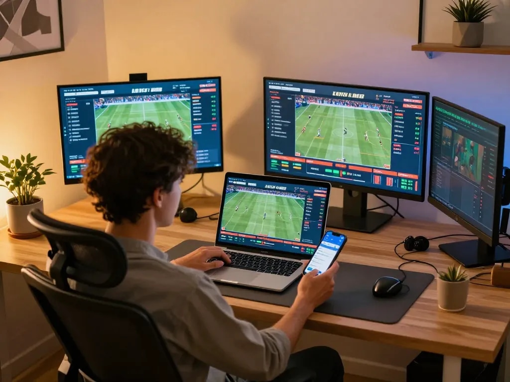 Engaged bettor reviewing sports betting odds on a laptop at home, showcasing lc88an strategies for successful wagering.