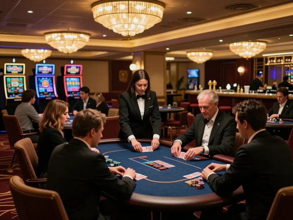 Experience fun79 vip in an elegant poker game, players strategizing in a luxurious casino