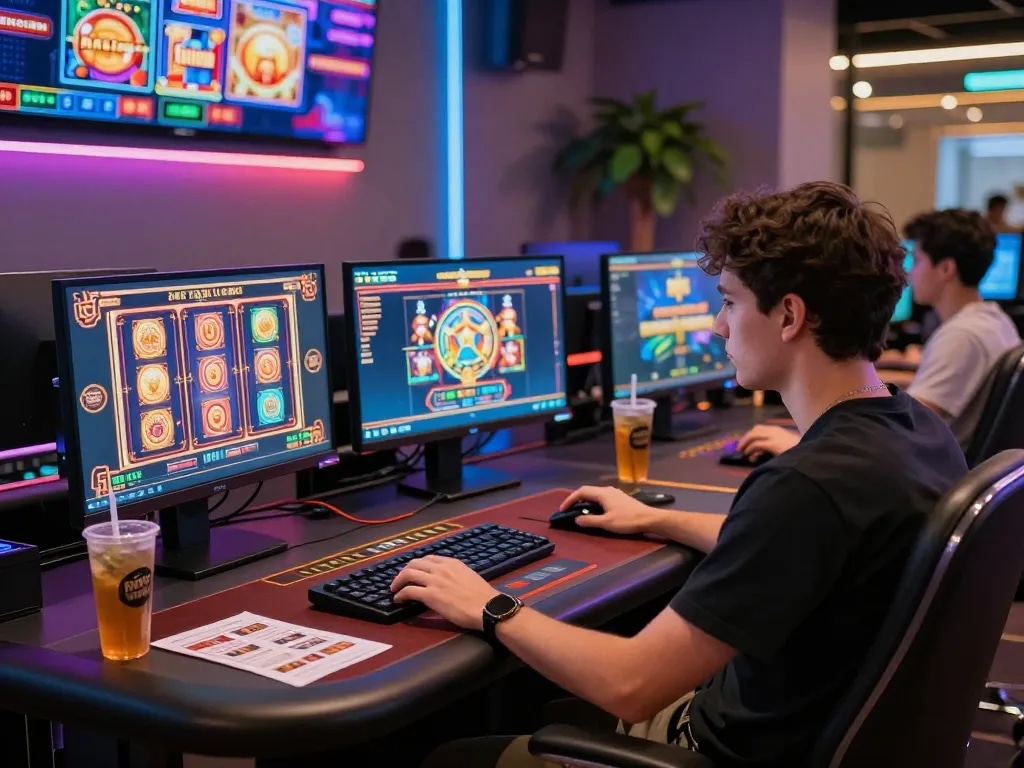 GEM88 player engaging in multiple online casino games at a modern gaming setup