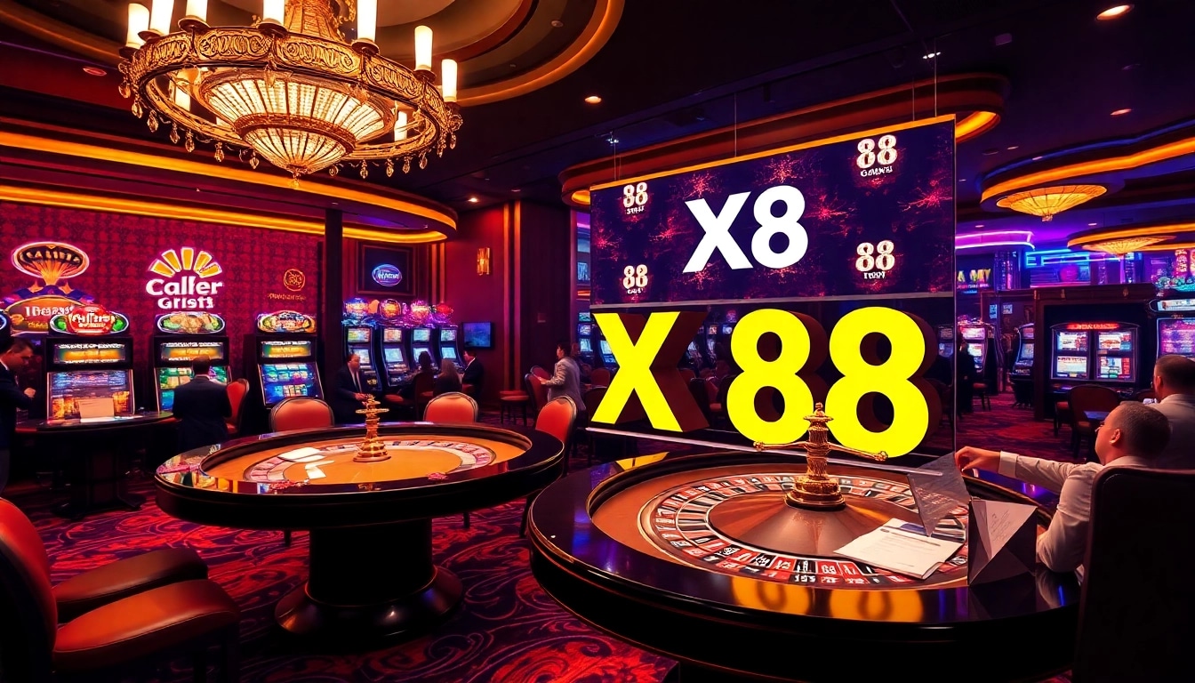 X88 logo displayed prominently in a vibrant casino scene featuring roulette table and players.