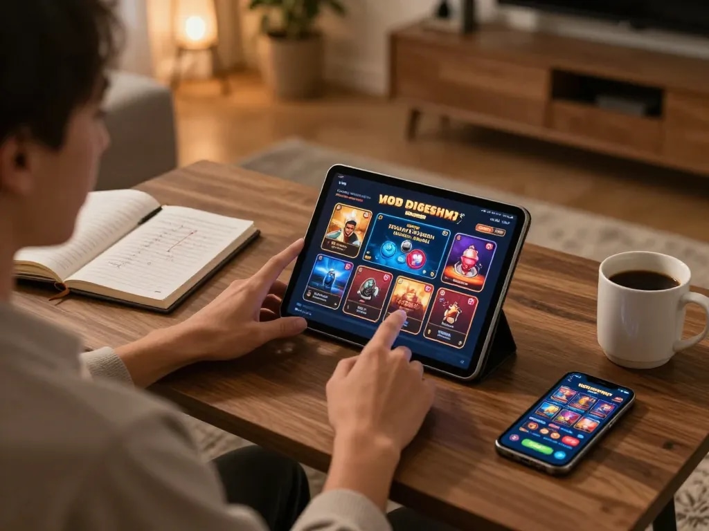 Engaged player using tablet to access a cổng game uy tín while focusing on gameplay strategies in a cozy setting