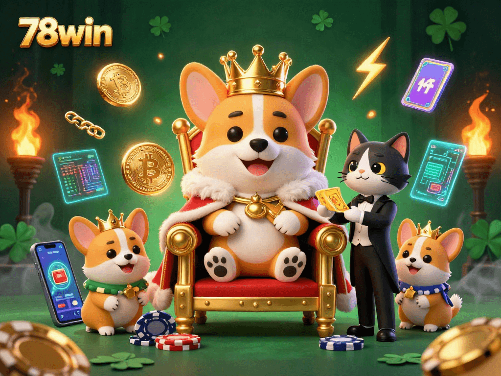Experience the vibrant realm of 78win with royal corgis and crypto elements in this dynamic casino scene.