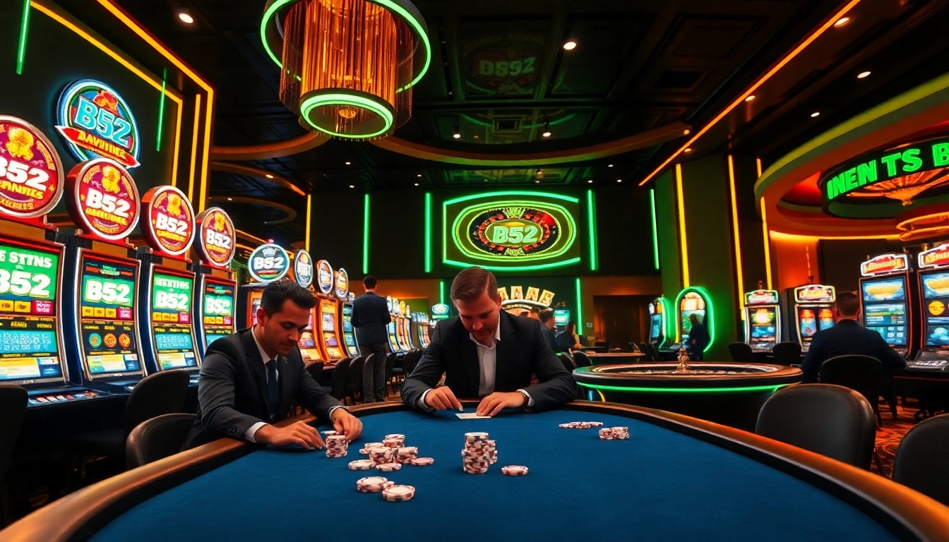 A thrilling B52 poker game amid vibrant casino lights and excitement.