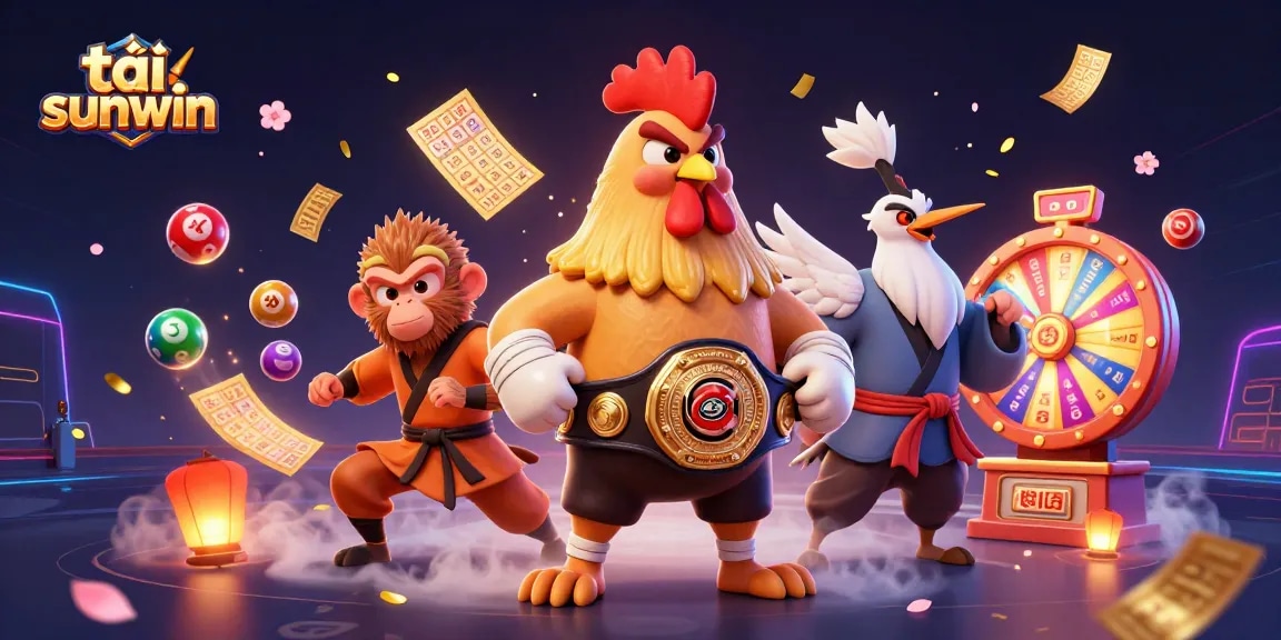 Win big with tải sunwin, showcased in a dynamic 3D casino scene featuring vibrant games and characters.