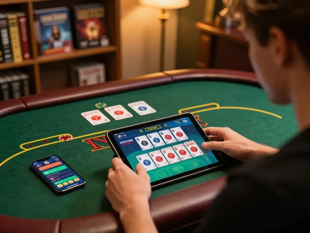 Player enjoying live dealer games at LV88 through tablet, surrounded by strategy books.