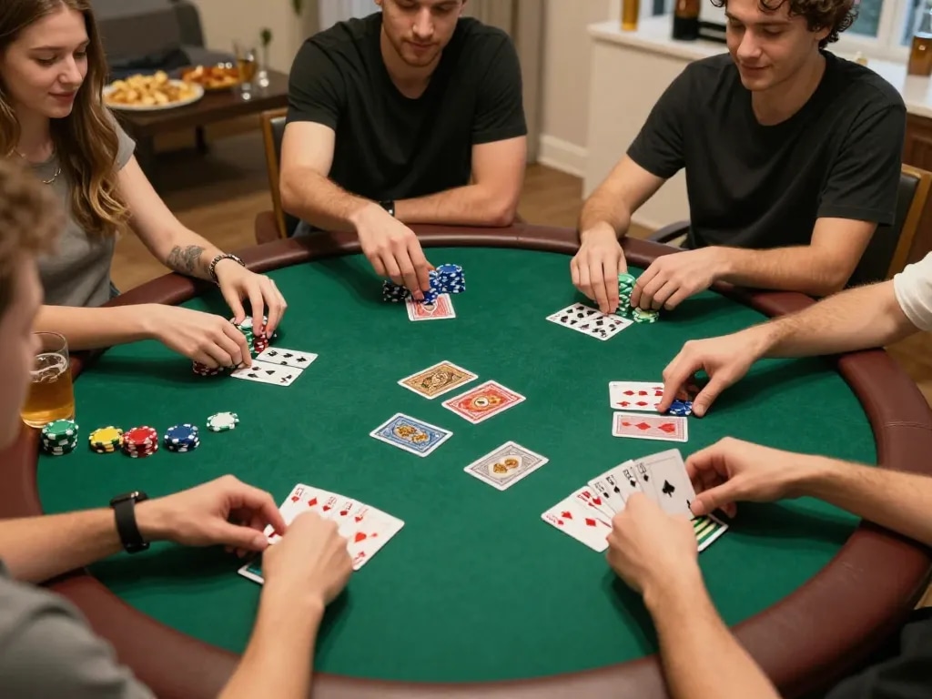 Engaging poker session among friends at home, highlighting strategic gameplay on trang chủ 79king.