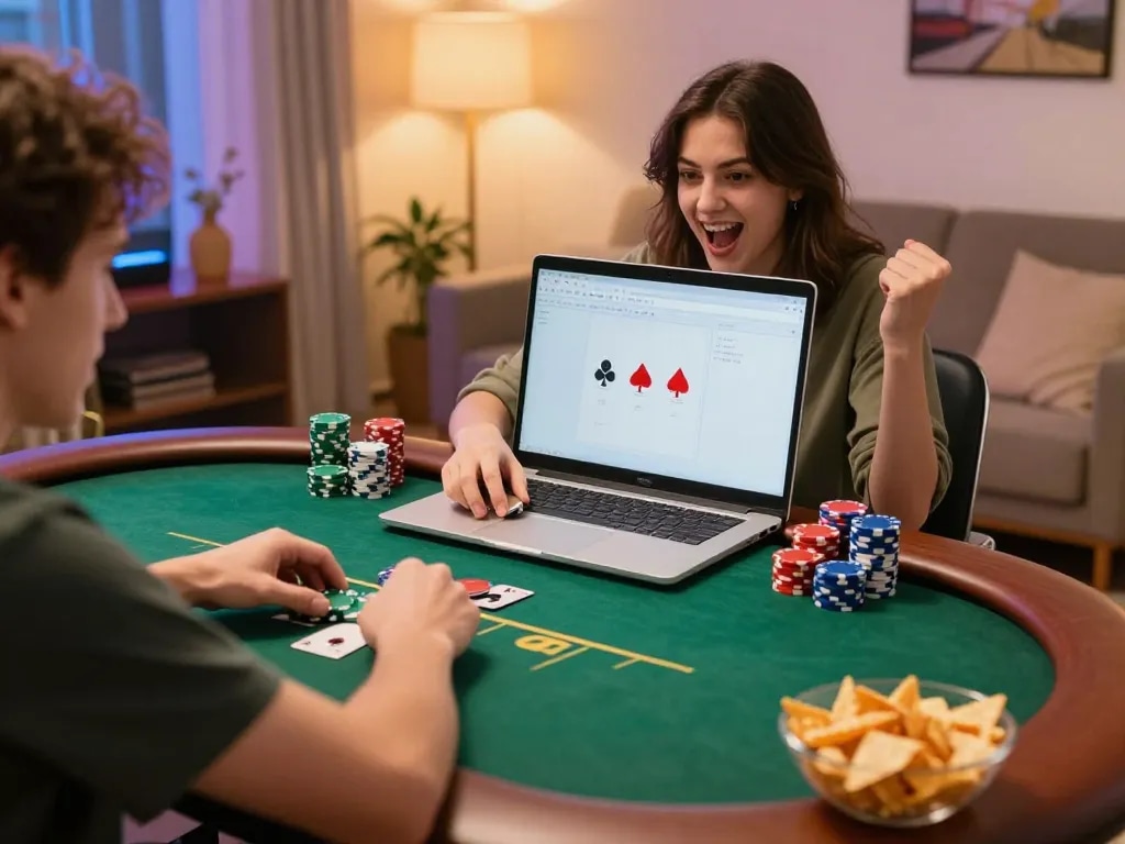 Okwintv enthusiastically engaging in online poker game at cozy home gaming setup
