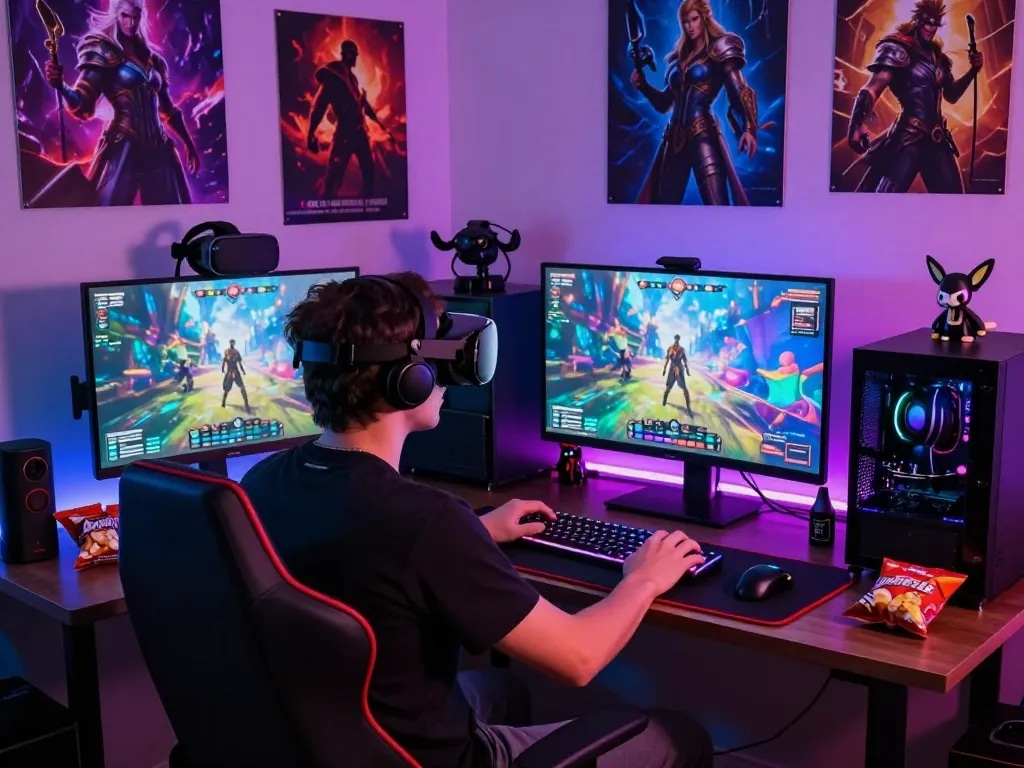 Engaging scene of a gamer playing interactive porn games in a vibrant, immersive environment.