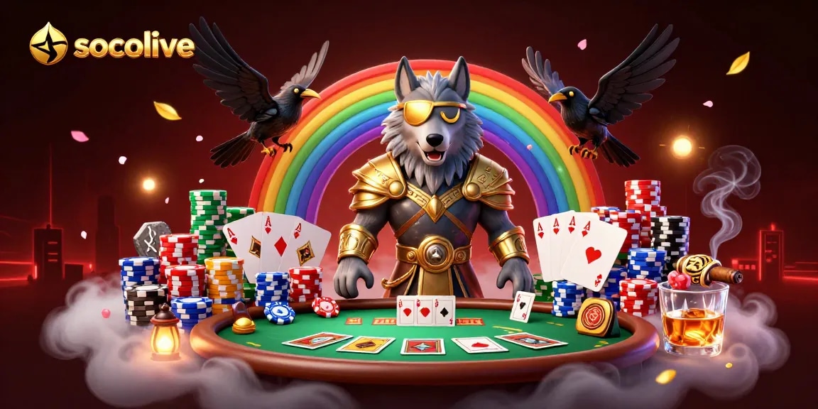 Socolive showcases an Odin wolf in armor on a casino chip rainbow bridge, enhancing online gaming excitement.
