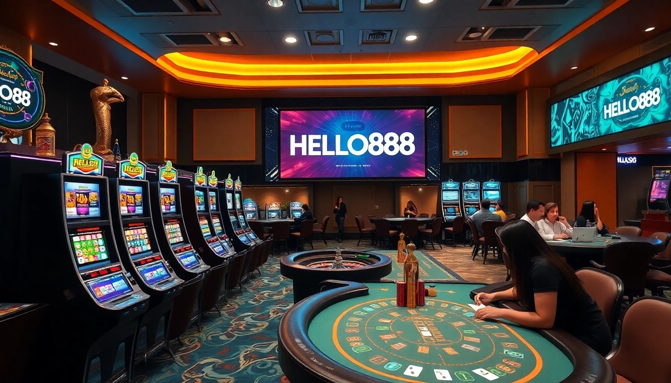 Experience thrilling gaming at HELLO88's luxurious casino tables with vibrant slot machines and friendly players.