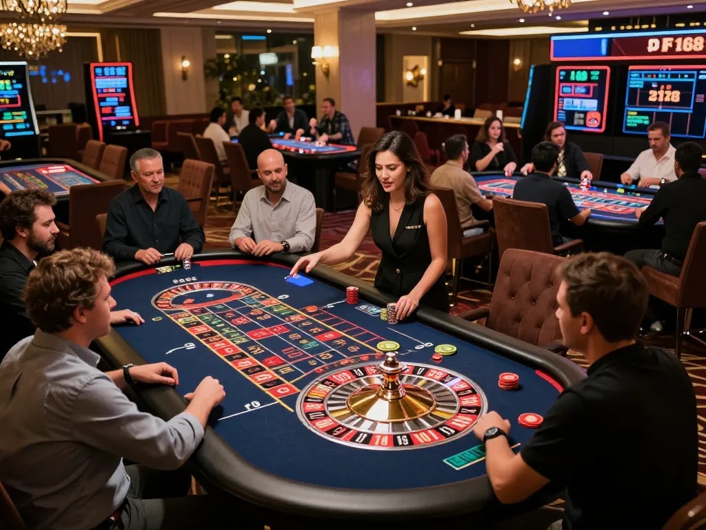 Players enjoying a thrilling roulette game at F168 live casino, betting with excitement.