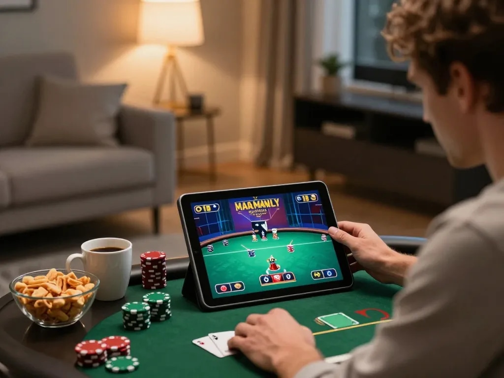 Engaging gameplay on trang chủ DN88 showcasing online poker in a cozy living room atmosphere.
