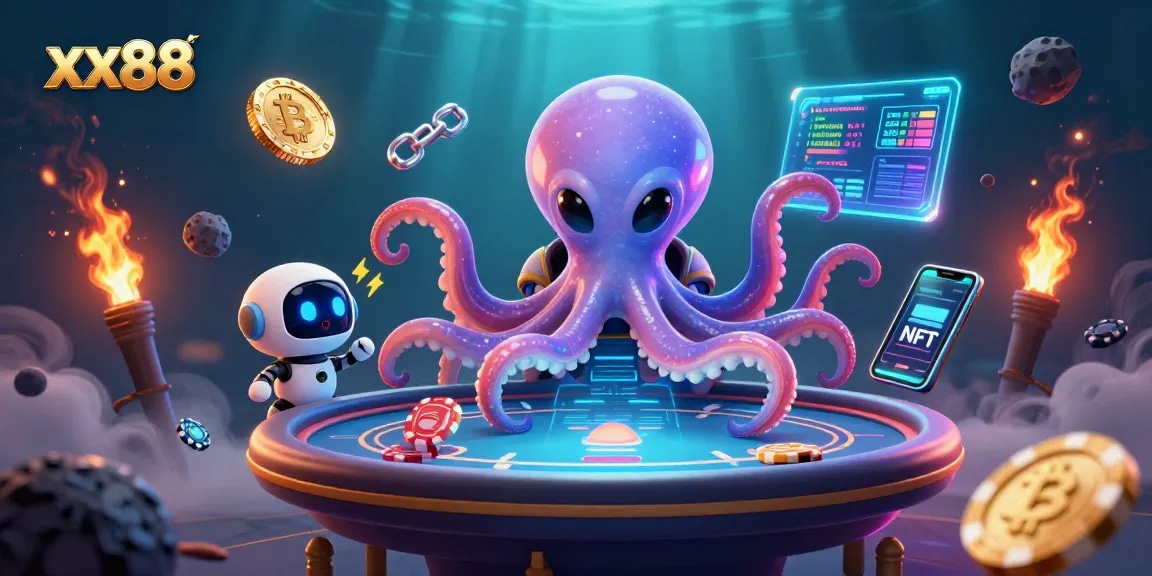 Play poker at xx88 with a 3D cartoon octopus, robot companion, and crypto coins.