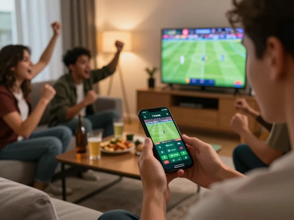 Betting on debet through a smartphone during an intense sports event, showcasing excitement and engagement.