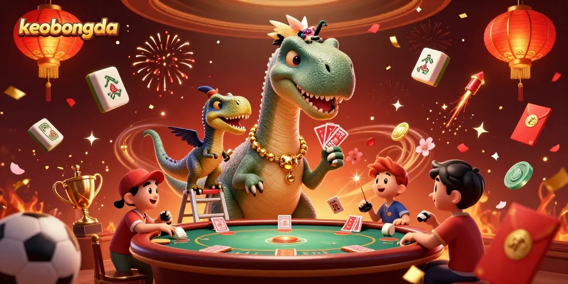 Engage with keobongda's thrilling sports betting atmosphere, featuring a dinosaur and raptor in a dynamic casino scene.
