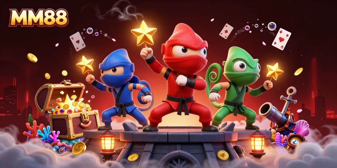 MM88's ninja chameleons showcase thrilling synchronized martial arts in a vibrant casino scene