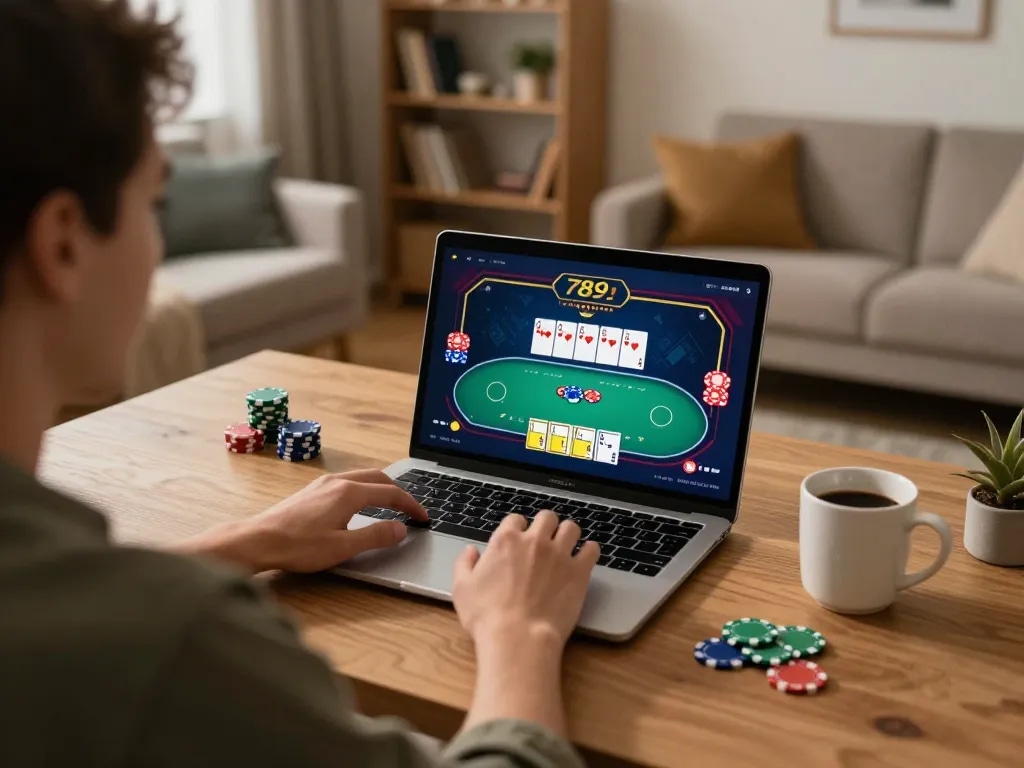 Engaging poker gameplay at 789club on a laptop in a cozy home setting