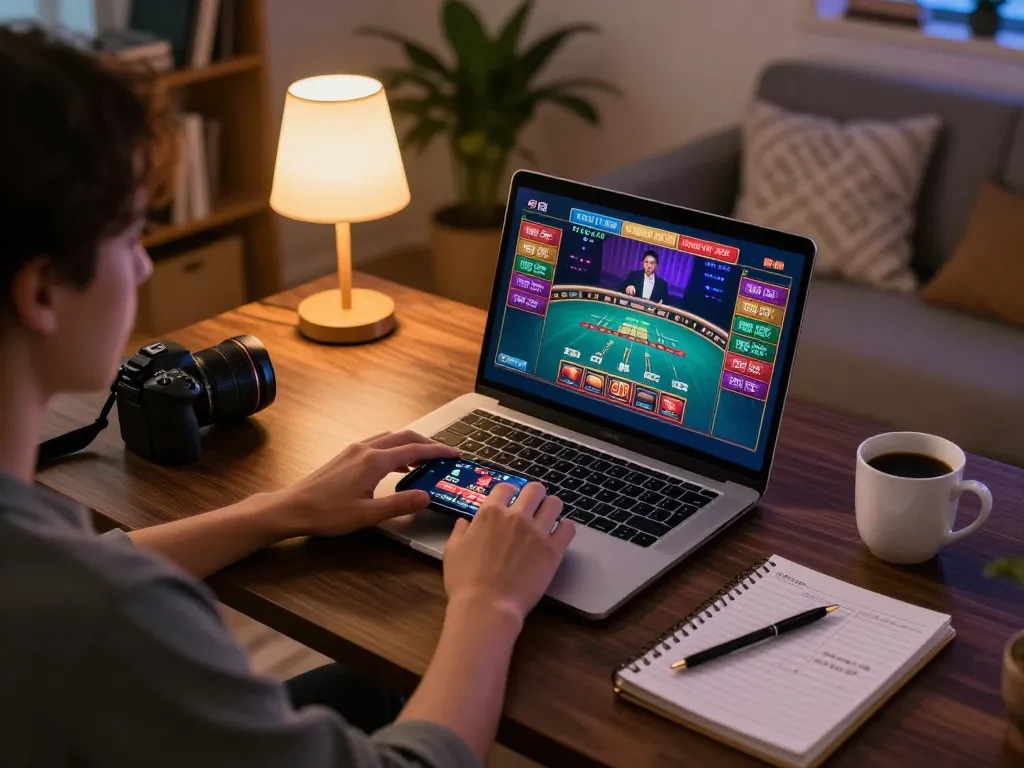 Player engaged in online casino gameplay on laptop, showcasing red888 features with live dealer interaction.