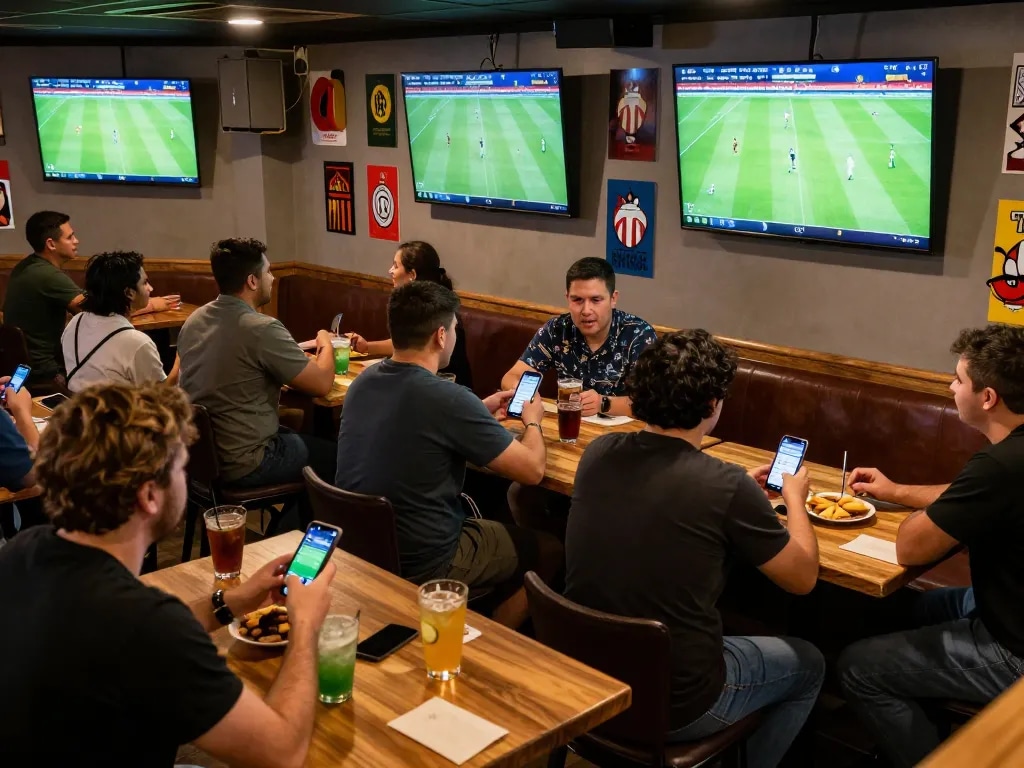 Excited fans using Okwintv app for sports betting in a lively environment