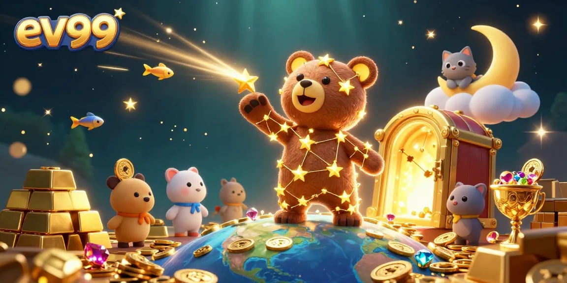 Experience the thrill of ev99 through a treasure-filled casino adventure with a whimsical constellation bear.