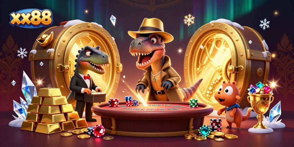 Engage with xx88: A velociraptor card counter sneaks around a bustling casino scene.