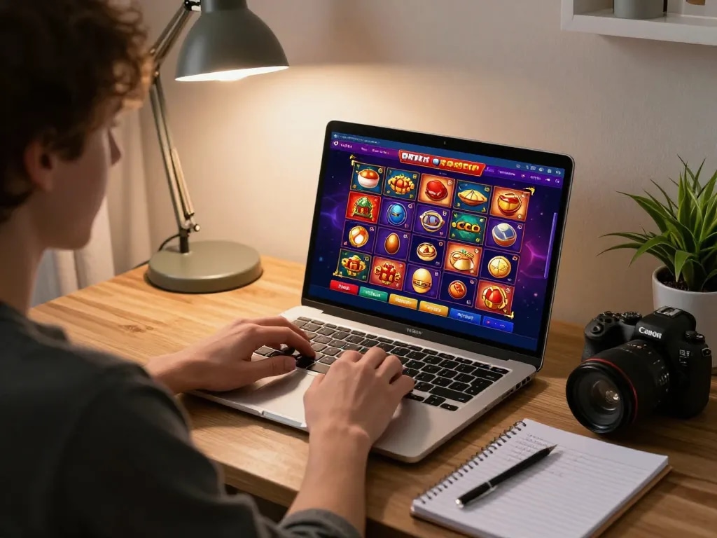 Player using Ricbet online casino interface with strategic notes in a cozy home setting