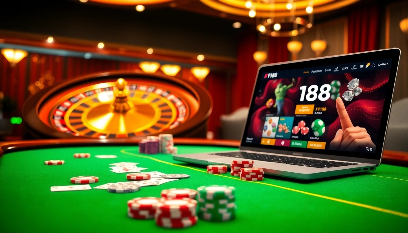 F168 players enjoying an exciting poker game at a luxurious casino table with vibrant chips and cards.
