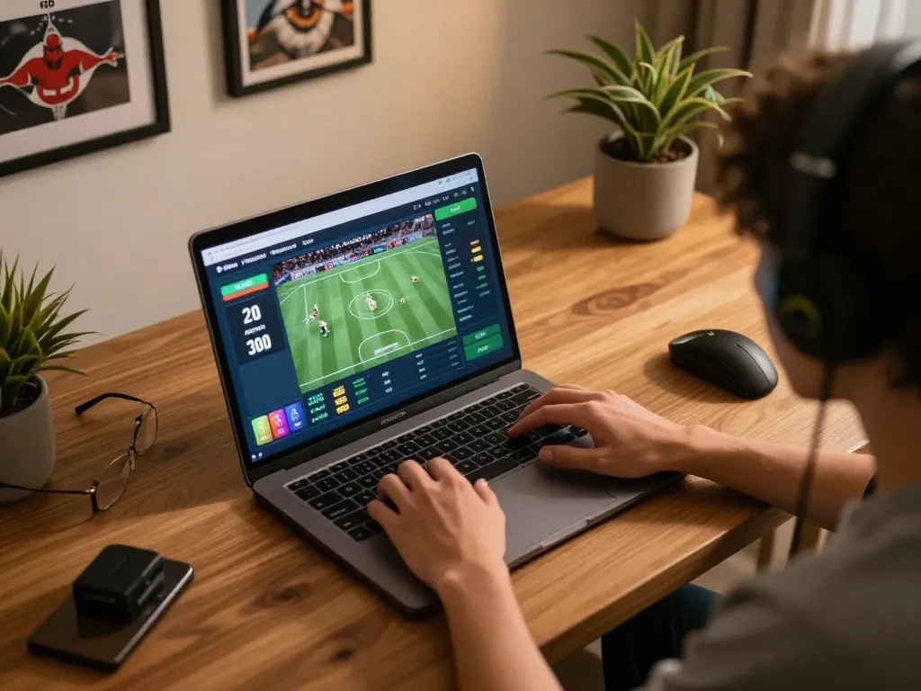 Engaging in online sports betting on God55 home gaming setup with laptop and warm ambiance