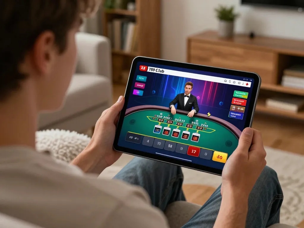 A gamer enjoying an immersive live dealer blackjack experience at 789club on a tablet, showing excitement and engagement.