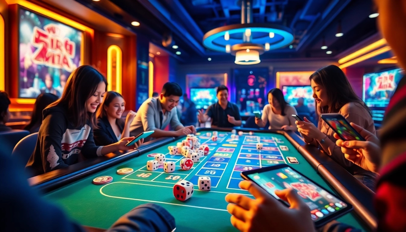 Tài xỉu online gaming scene with excited players at a vibrant digital casino