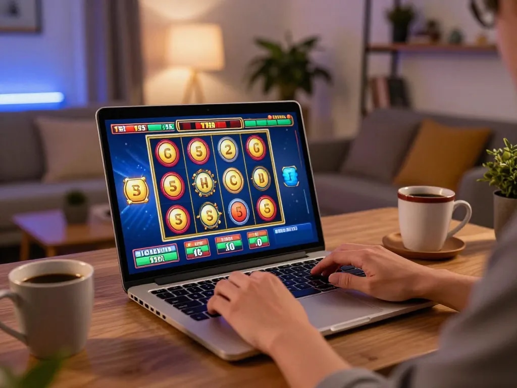 Nk88 player engaging with vibrant online slots at home, showcasing dynamic gaming experience and cozy setting.