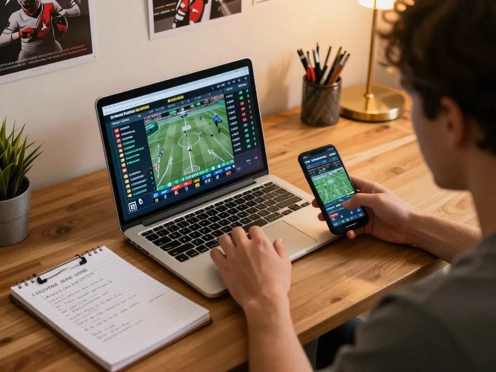 Engaged user placing bets on zbett sportsbook with laptop and smartphone in a cozy home office setup.