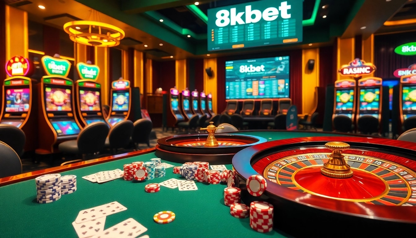 Experience exciting gameplay at 8kbet with vibrant casino tables and slot machines.
