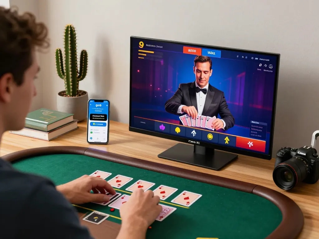 Player experiencing thrilling live dealer blackjack on go8 platform from a cozy setup.
