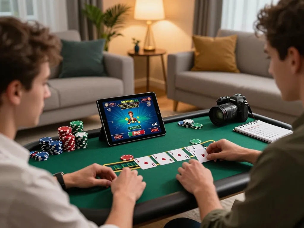 Nohu player strategizing in live blackjack session at home with tablet and chips