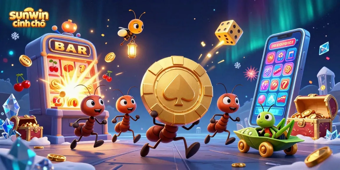 sunwin chính chủ showcases ants on a heist with a golden chip amidst a colorful casino explosion.