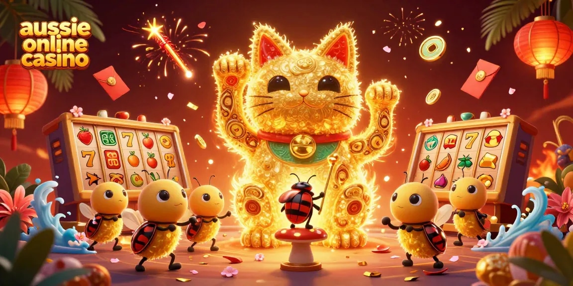 Engage with the vibrant aussie online casino scene featuring a lucky cat and golden fireflies.