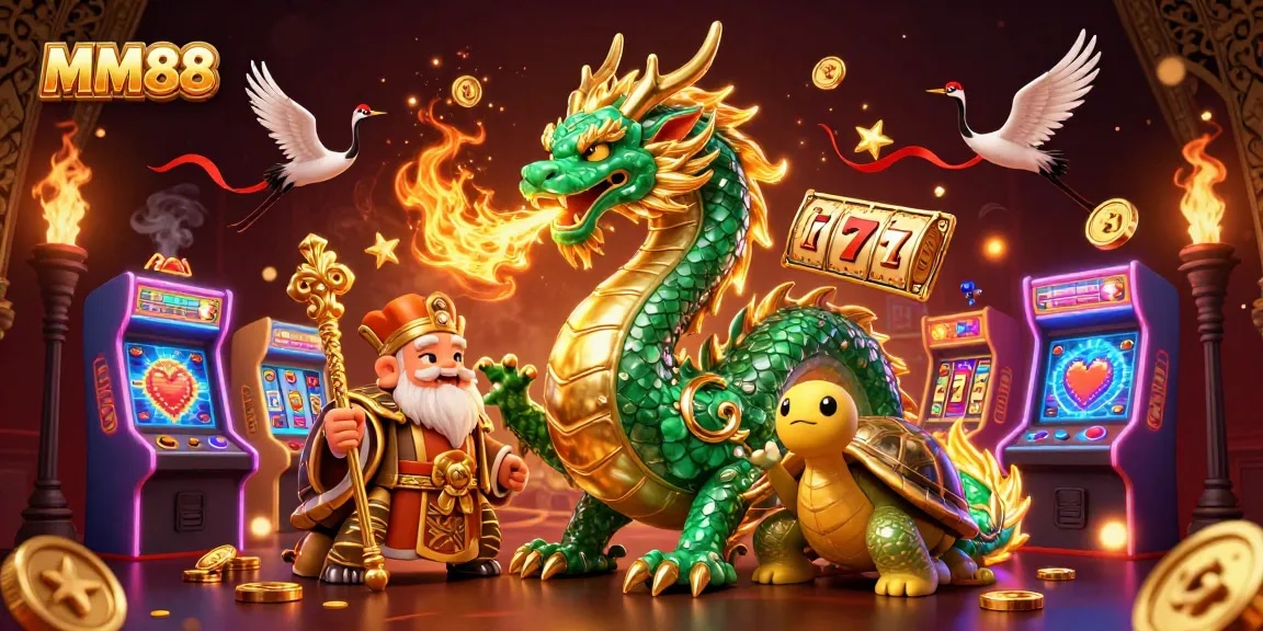 Experience MM88's thrilling world of slots with a jade dragon and mythical characters.