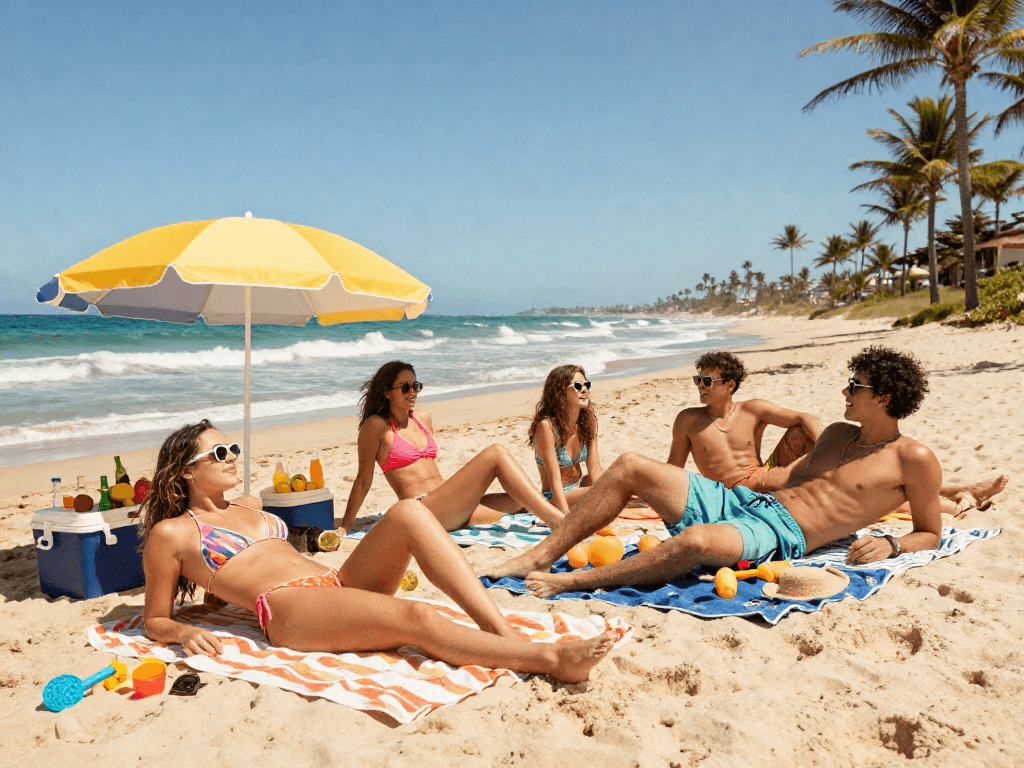 Friends enjoying a sunny beach day with fashionable bikinis at BIKINISLOT.