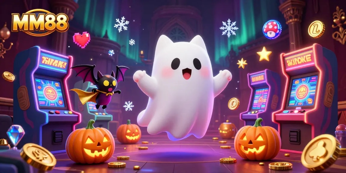 Engage with MM88's ghostly gaming adventure featuring a cat and bat in a haunted casino.