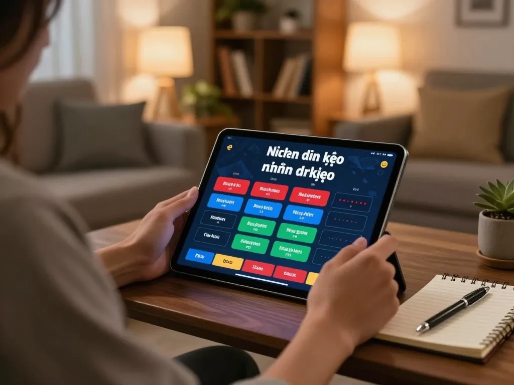 Engaging in Nhận định kèo betting strategies on a tablet in a cozy home setting.