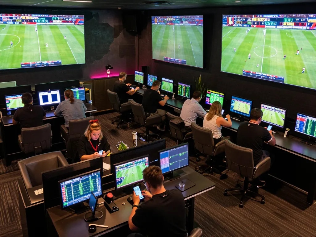 Bsport users engaging with live sports betting on mobile devices in a vibrant lounge atmosphere