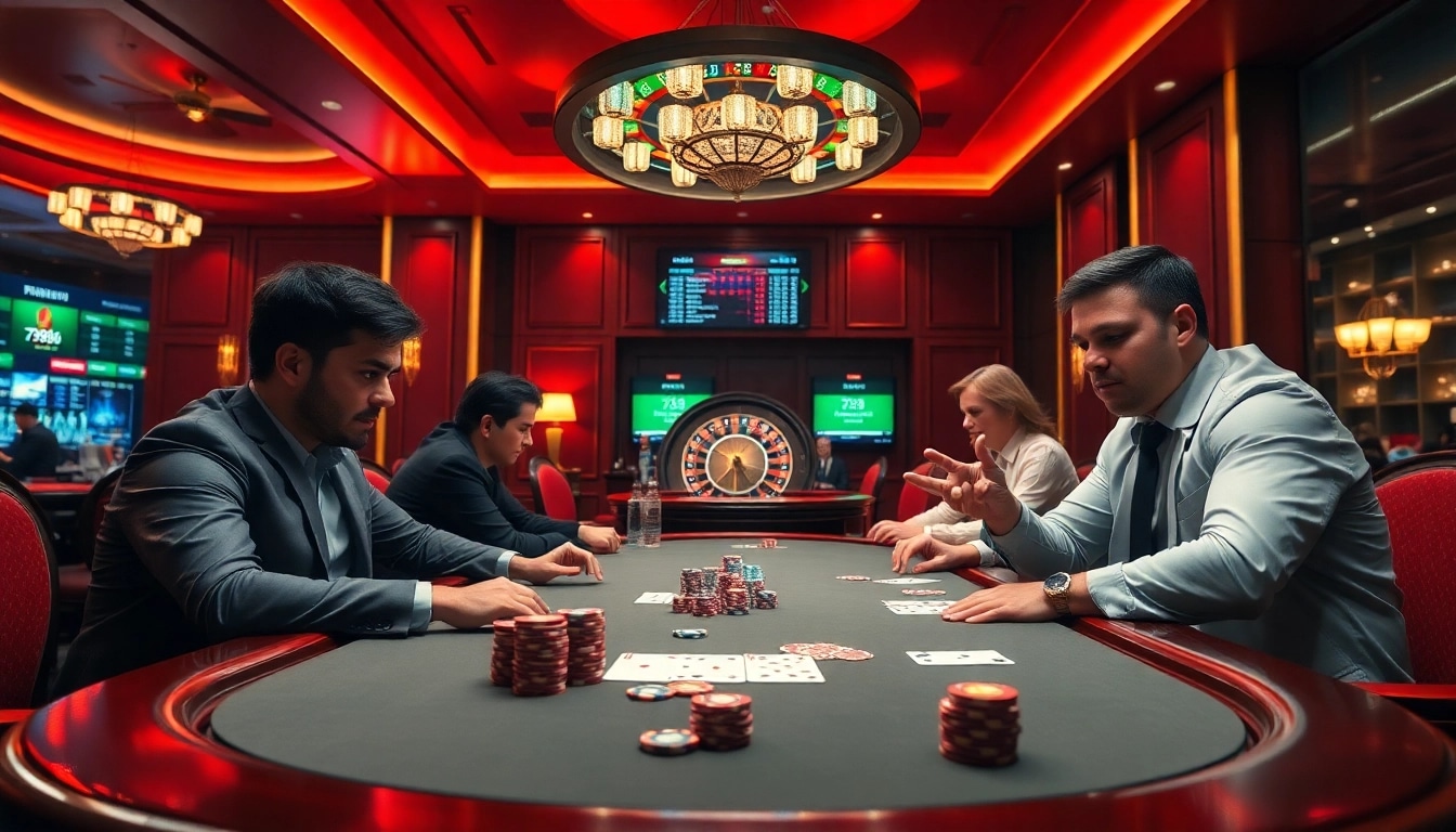 Experience the thrill of high-stakes gaming with 789bet's luxurious casino setup featuring poker tables and vibrant atmosphere.